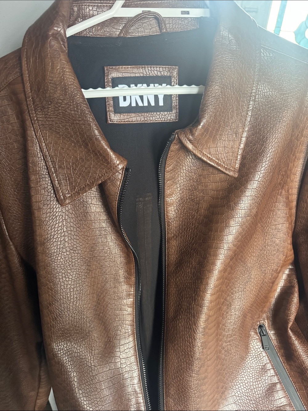 DKNY Croc textured Brown Faux Leather Zip up bomber Jacket